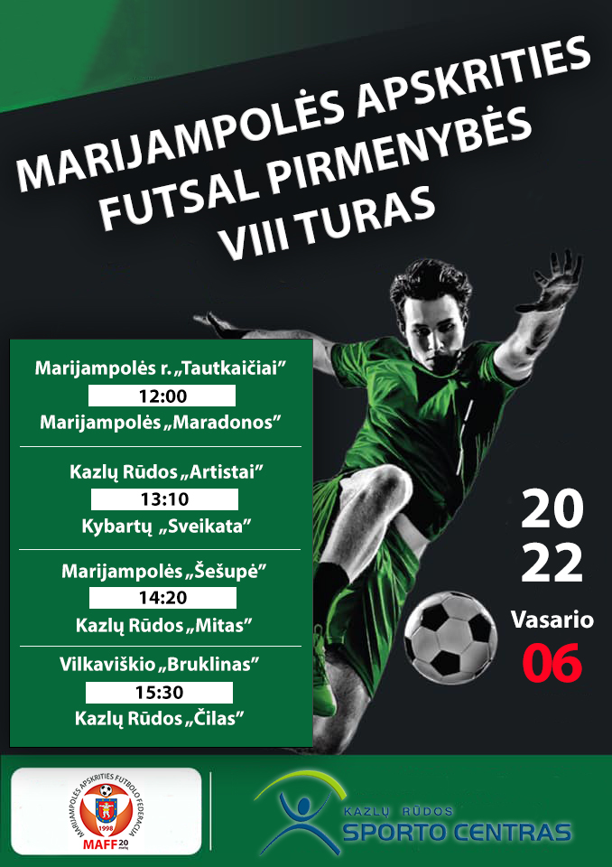 Šį sekmadienį, vasario 6 d., Marijampolės apskrities futsal pirmenybių VIII turas!