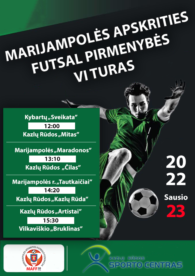 Šį sekmadienį, sausio 23 d., Marijampolės apskrities futsal pirmenybės. VI turas